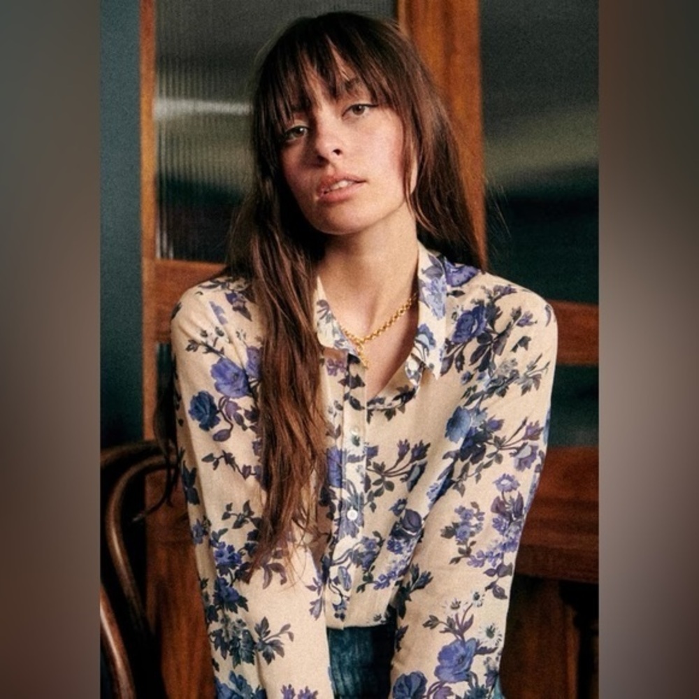Sézane Pierro 100% Silk Shirt Blue Floral size 10